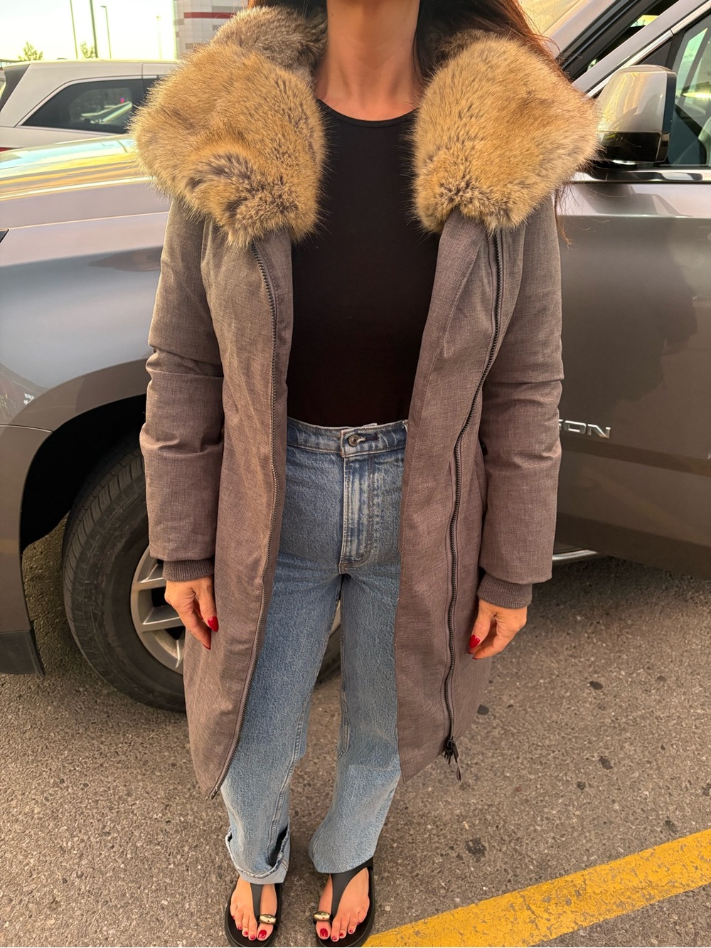 Babaton Taupe Puffer Coat with Golden Faux Fur Collar